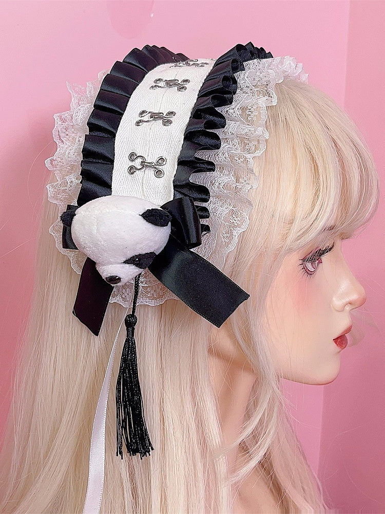 Black/White Jirai Kei Plush Panda Decorated Bowknot Details Ruffled Lace Trim Hairband with Tassels