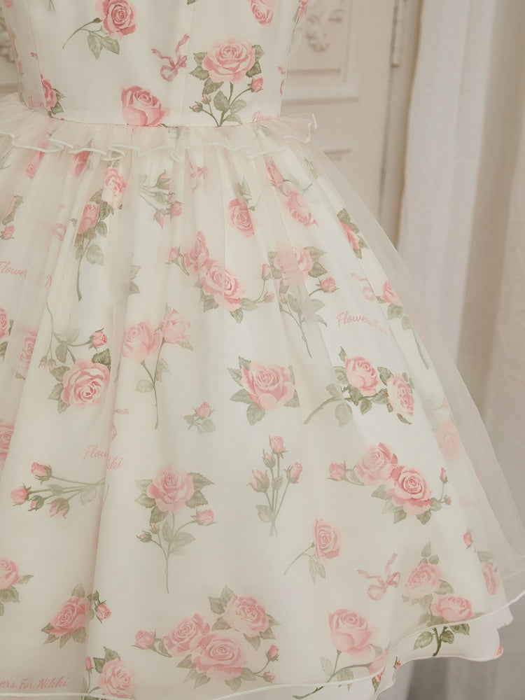 Pink Rosette Print White Illusion Neckline Summer Lolita Dress