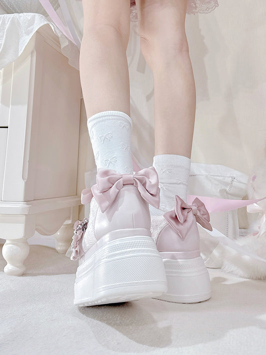 Pink Bow Accents Beaded Buckle Design Jirai Kei Platforms Shoes