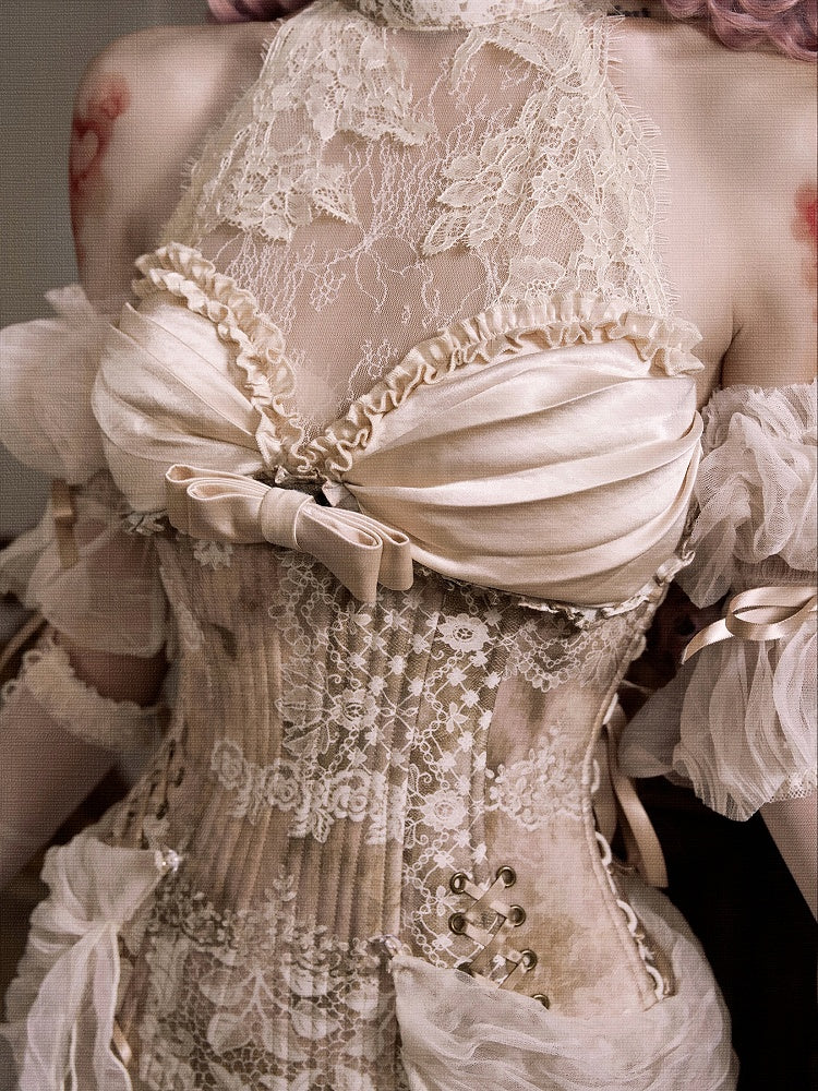Rococo Illusion Lace Halter Neck Corset Top with Detachable Cascading Ruffle Accents