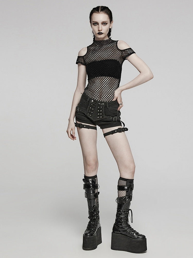 Black Punk Tie-dyed Mesh Short Sleeve T-shirt