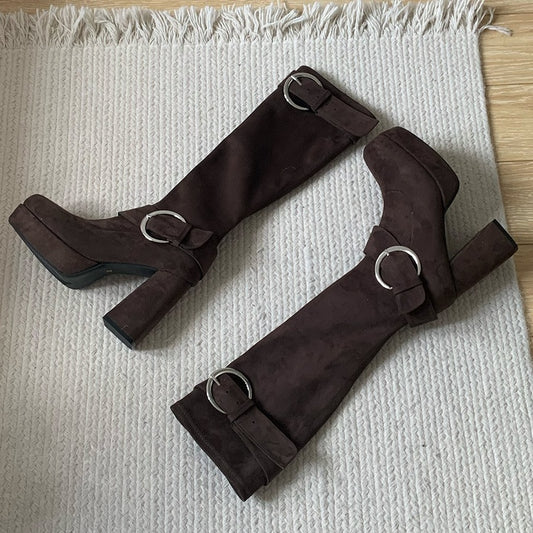 Buckle Details & Inner Zip Closure Square Toe Brown Knee-High Boots with Platform High Block Heel