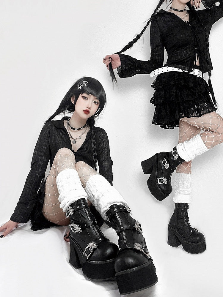 Dragon-shaped Buckle Straps Black Punk Boots High Block Heel