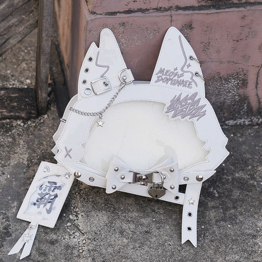 Kitty Ear Design Bowknot Studs Detail White PU Tote Ita Bag with Free Card Holder