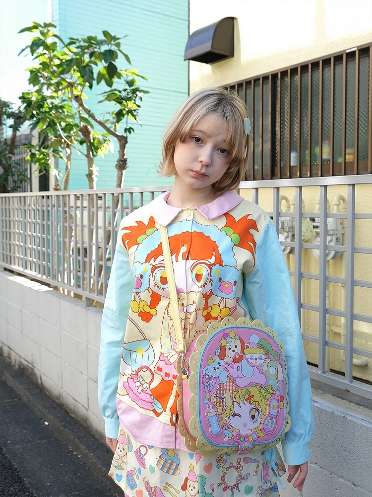 Pink Girl and Animals Print PU Bag