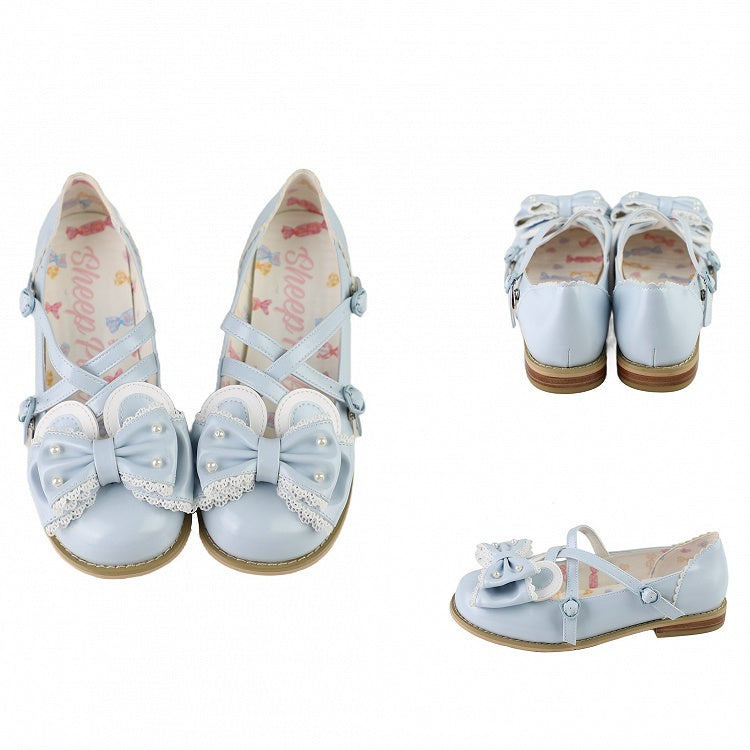 Blue Beaded Decorated Bow at Top Crisscross Design Bunny Ear Lolita Shoes