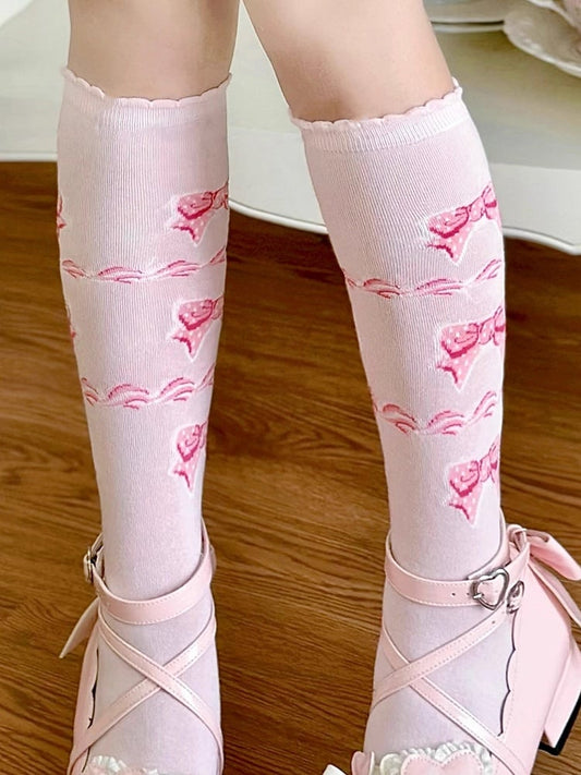 Pink Sweet Bowknot Pattern Lolita Calf Socks