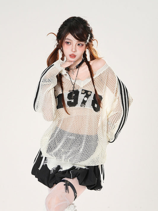 Raw Hem Number Print Black/White Hollow-out Coverup