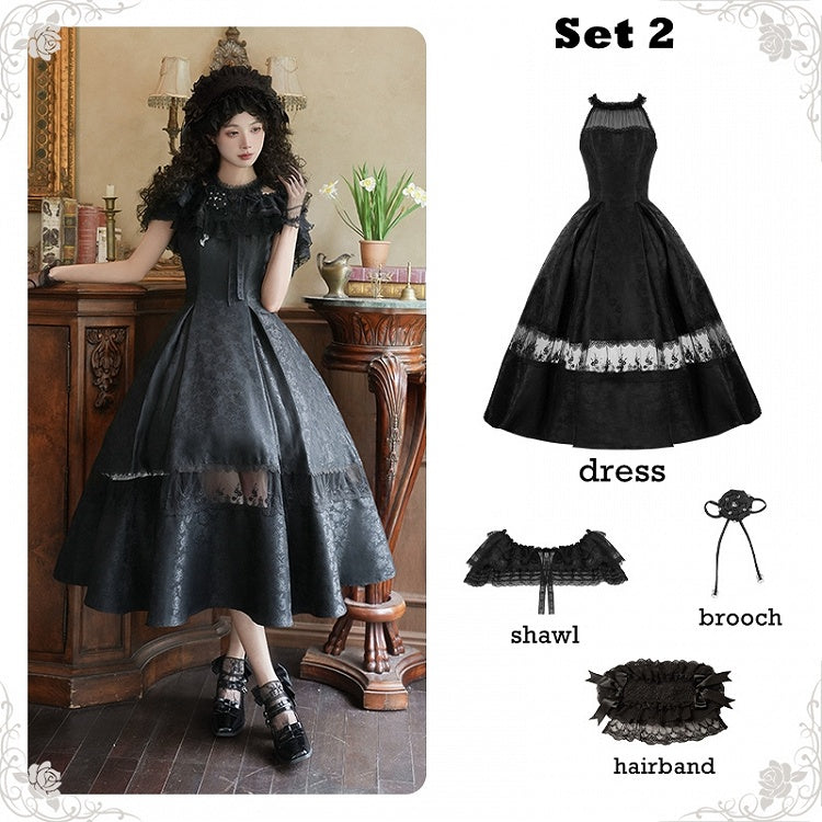 Black Illusion Halter Neck Rosette Jacquard Fabric Elegant Dress Full Set