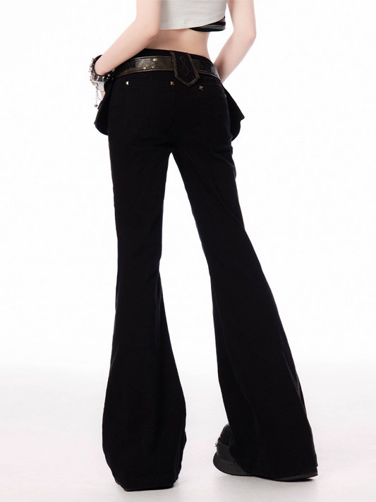 Black Low Waist Studded Cuffs Flared Pants with Buckle Belt