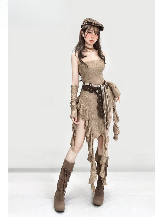 Millard Fashion Light Brown Wasteland Punk Asymmetrical Flounce Hem Strapless Dress