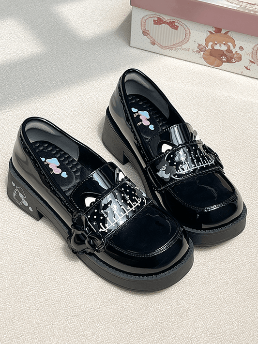 Milk Bottle Print & Kitty Ear Decor PU Black Mid-heel Slip-Ons in Preppy Style