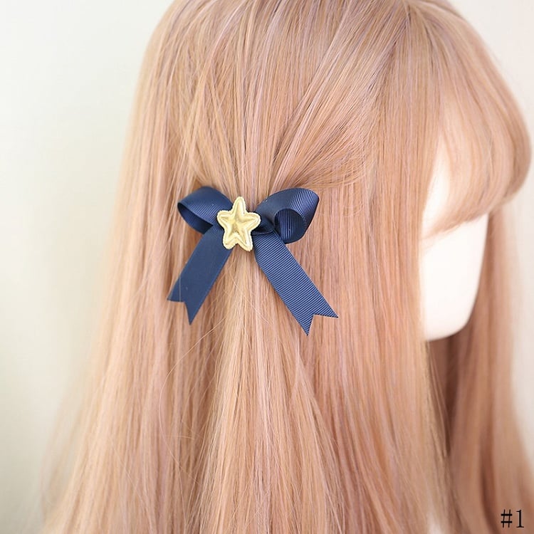 Two Options Available Cute Lolita Dark Blue Bowknot Hairclips with Golden Star Decorations