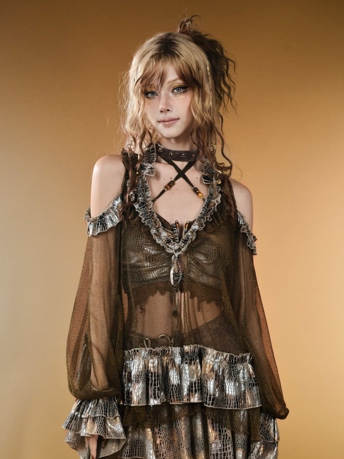 Dark Brown Wasteland Punk V-neck Semi-sheer Cutout Shoulder Design Long Sleeves Top