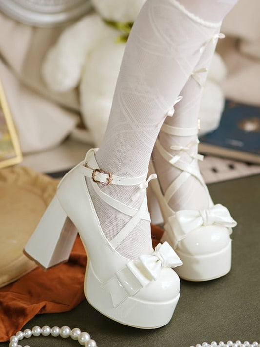 Crisscross Ankle Strap White Bow at Top 11cm High Heels