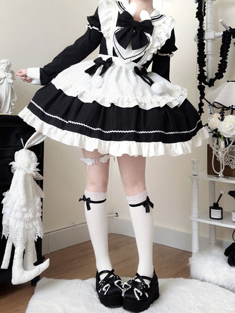 Bunny Ears Sailor Collar Black Short Sleeves Maid Lolita Dress with White Apron