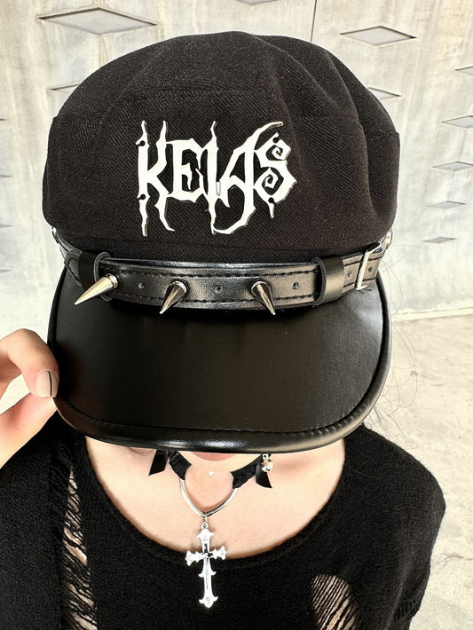Black Punk Beret with Studs and Letters