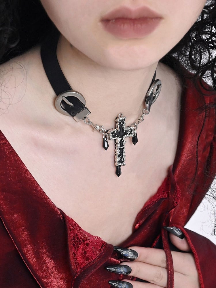 Black Gothic PU Cross Choker