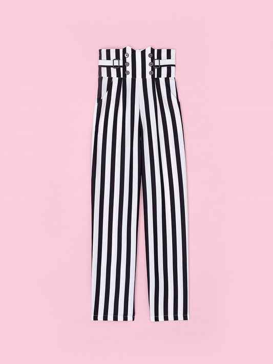 Ouji Fashion Clown Vibes Corset Belt High Waist Black and White Striped Pants