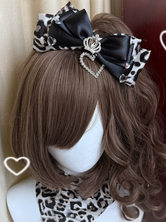 5 Color Options Leopard Pattern Rhinestone Heart And Crown Decorated Bowknot Hairclip With Neck Accessory