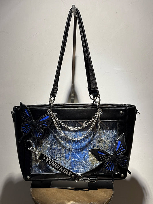 Dark Blue Detachable Butterfly Spiderweb Detail Black Ita Shoulder Bag