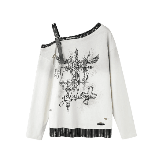 Y2K Apricot Asymmetrical Neckline Buckle Strap Glamorous Graphic Top