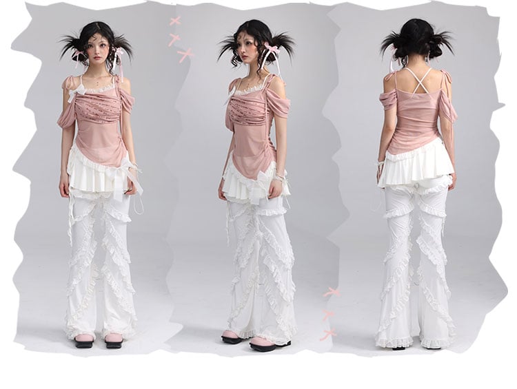 White Balletcore Lace Ruffles Pants + Self-tie Skirt Set
