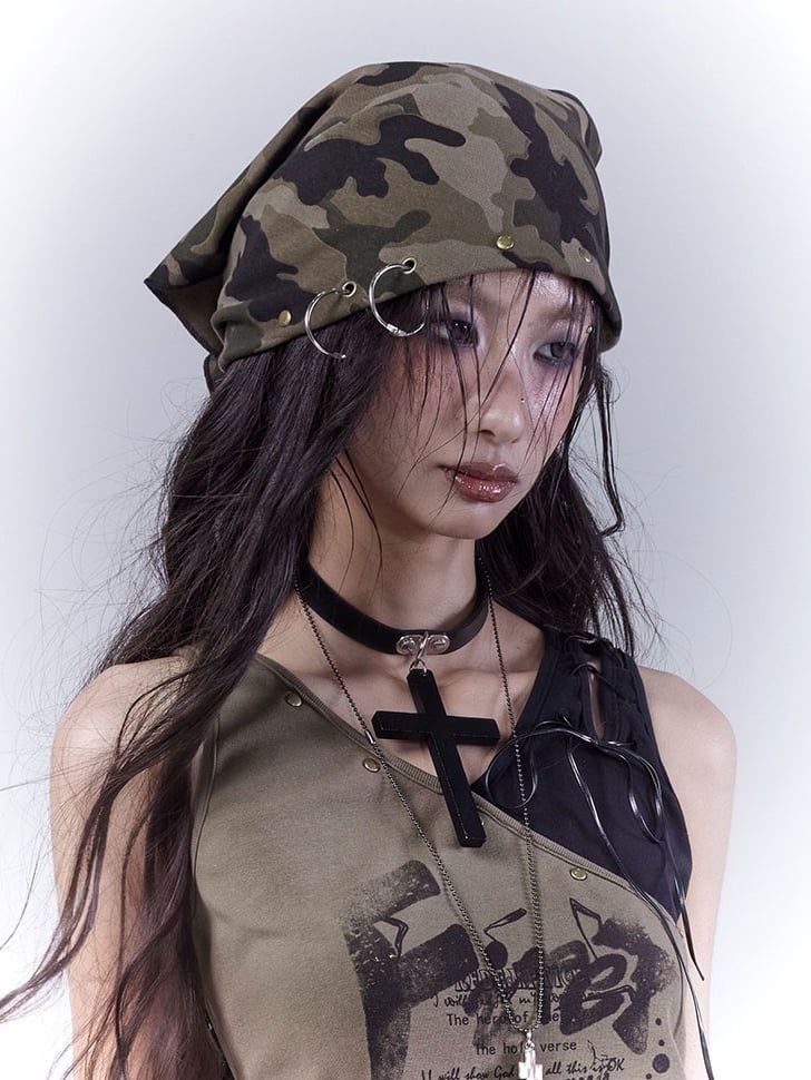 Camouflage Wasteland Punk Distressed Studded Triangle Scarf