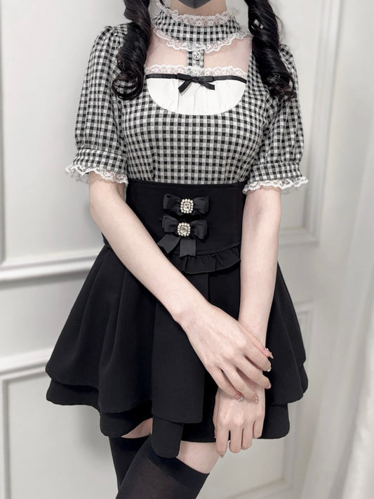 Jirai Kei Black and White Plaid Banded Collar Cutout Front Short Sleeves Blouse
