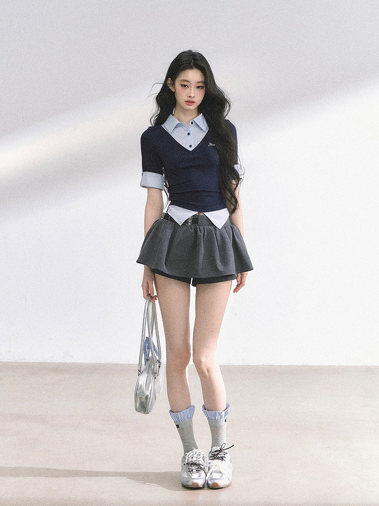 Preppy Style Polo Collar Navy Blue Striped T-shirt Faux Two-pieces