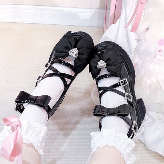 Black Rhinestone Bowknot Jirai Kei Platform High Heels