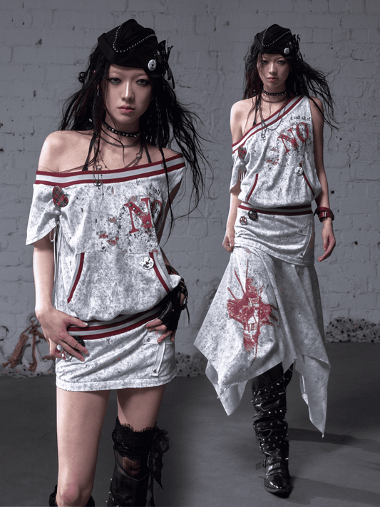 Asymmetrical Neckline Gray/White Wasteland Punk Distressed Dress with Detachable Handkerchief Hem