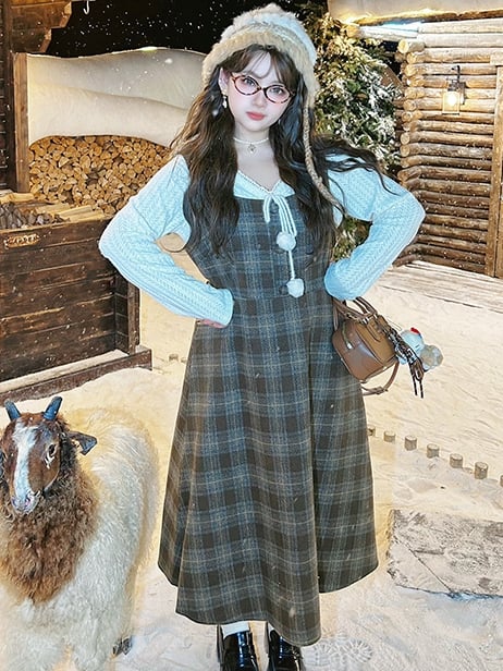Plus Size Brown High Waist Plaid Pattern Woolen Overall Dress