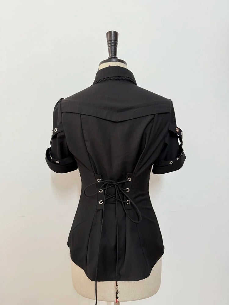 Black Ouji Lolita Fashion Lace-up Neckline Short Sleeves Shirt