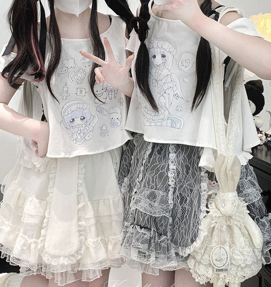 Bunny Ears Design Black/White/Pink Double-Layered Jirai Kei Lace Skirt
