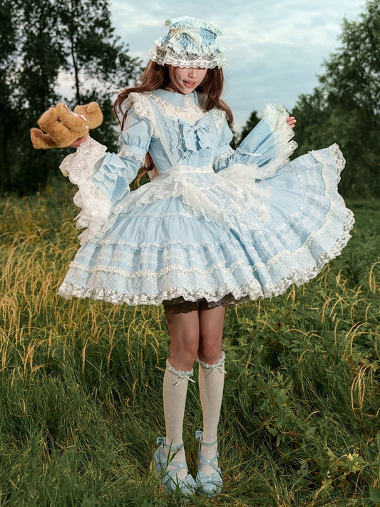 Baby Blue Lace Trims Cotton Dress Old School Lolita OP Full Set