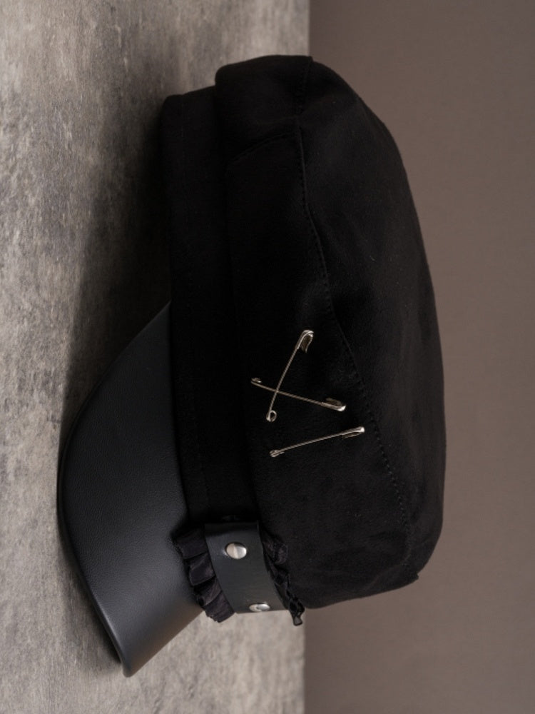 Black Gothic Pin Decorated Ruffled Trim Beret Hat