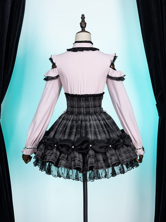 Open Shoulders and Illusion Neckline Jirai Kei Long Sleeves Pink Blouse