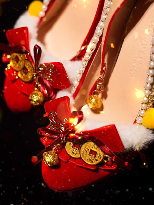 Red Beaded Decorated Knotted Bow Accent Cheongsam Style 5CM/8CM High Heels