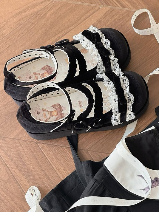 Lace Trim Bowknot at Top Velvet Black Buckle Straps Platforms