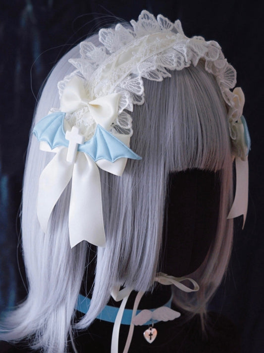 Crosses and Blue Wings White Bowknots Lace Hairband