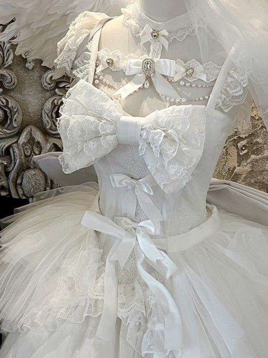 Beads and Rhinestones Neckline Design White Shiro Lolita Dress with Lace Trim and Bow Accents
