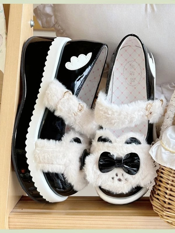 Black Bowknot Decorated Plush Bear Lolita Platforms With Bear Buckle