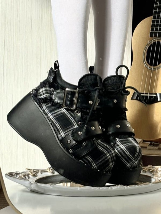 Black Gothic Platform Shoes - Triple Fastening System with Studs & Plaid Pattern