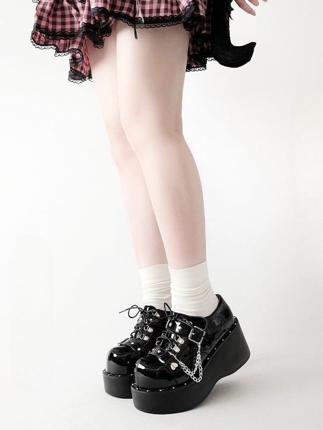 Black Y2K Bittersweet Studs Details Chain Charm Front Lace-up Ties Platforms