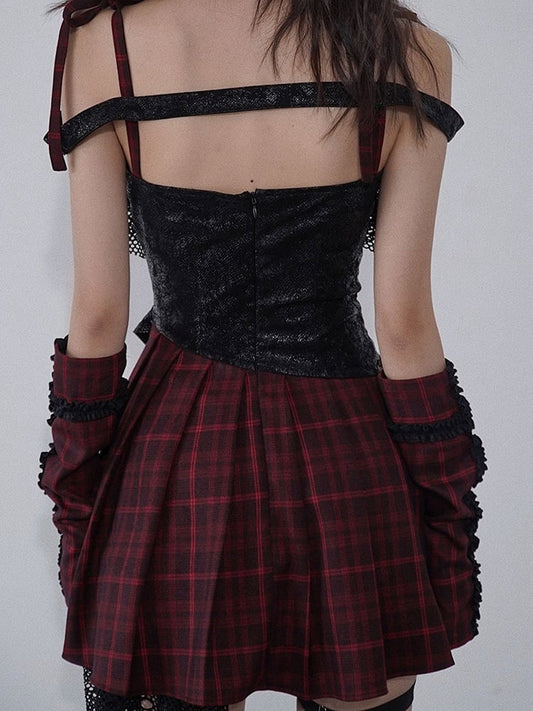 Lace-up Detail Red and Black Plaid Punk Rock Dress