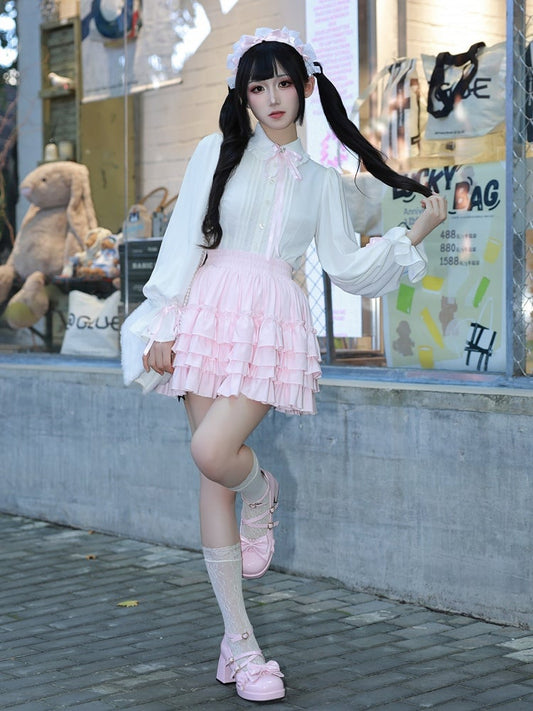 Sweet Ruffle White Shirt with Lace Placket and Flounce Sleeves