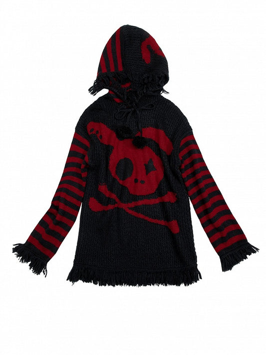 Black and Red Skull Bunny Punk Loose Hooded Sweater with Striped Sleeves