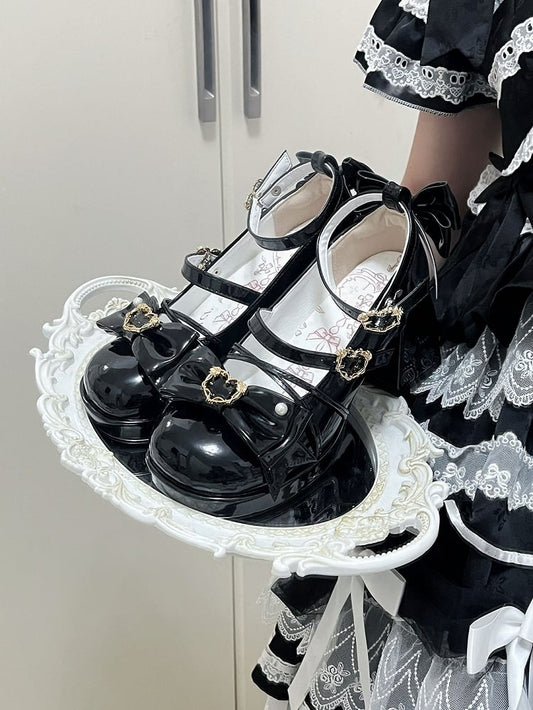 Black Bow Accent Crisscross Design Lolita Platform High Block Heels