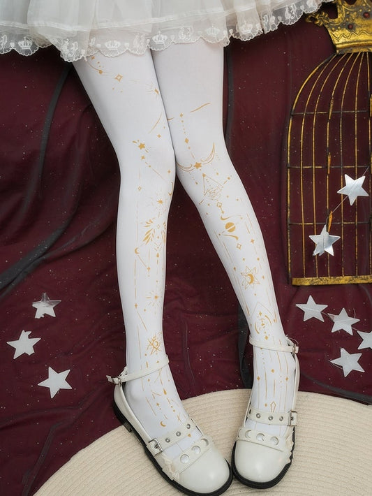 Clearance-White Lolita Star and Moon Print Tights